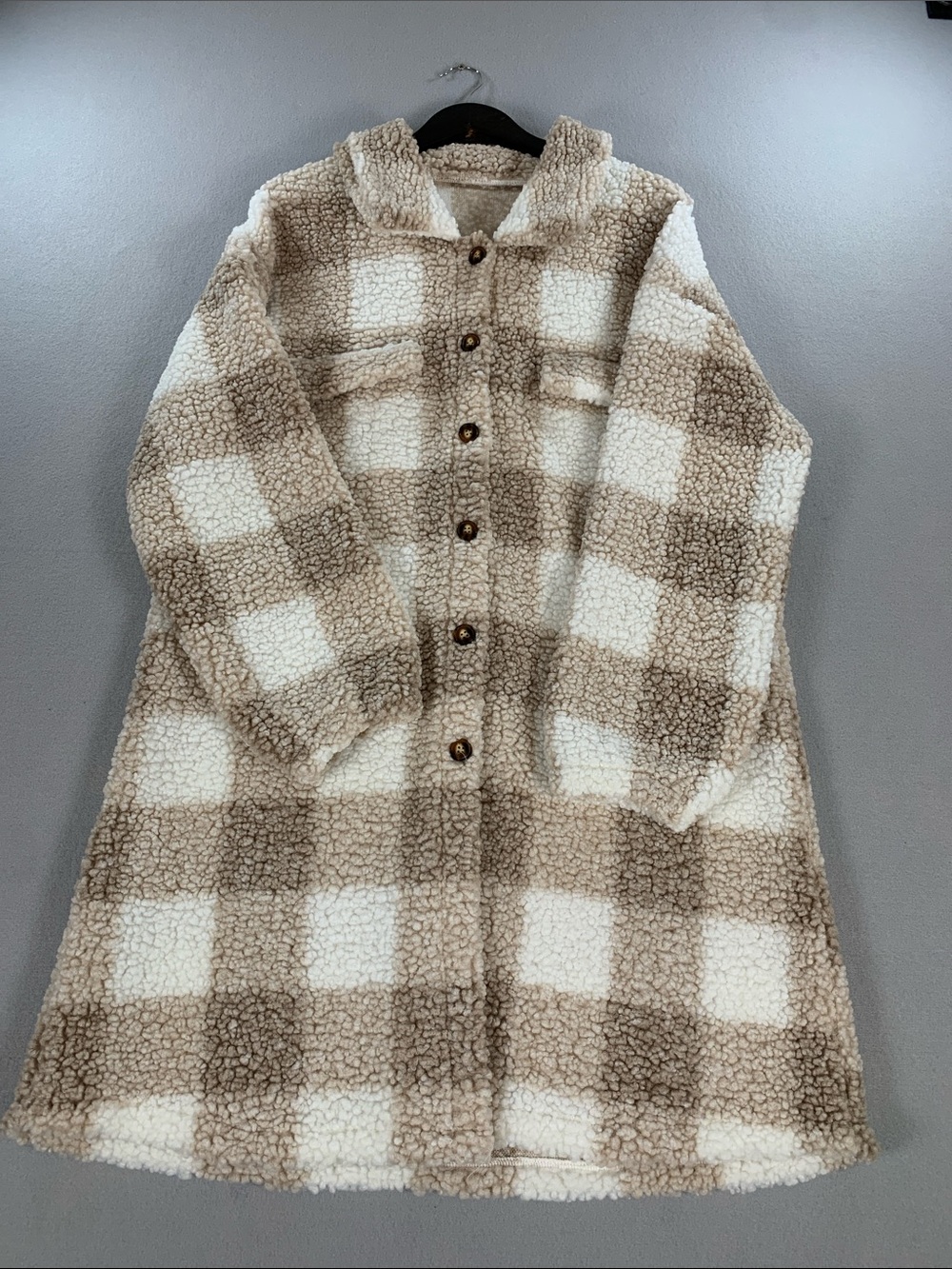 Source Unknown Plaid Sherpa Longline Pea Coat in Cream & Brown